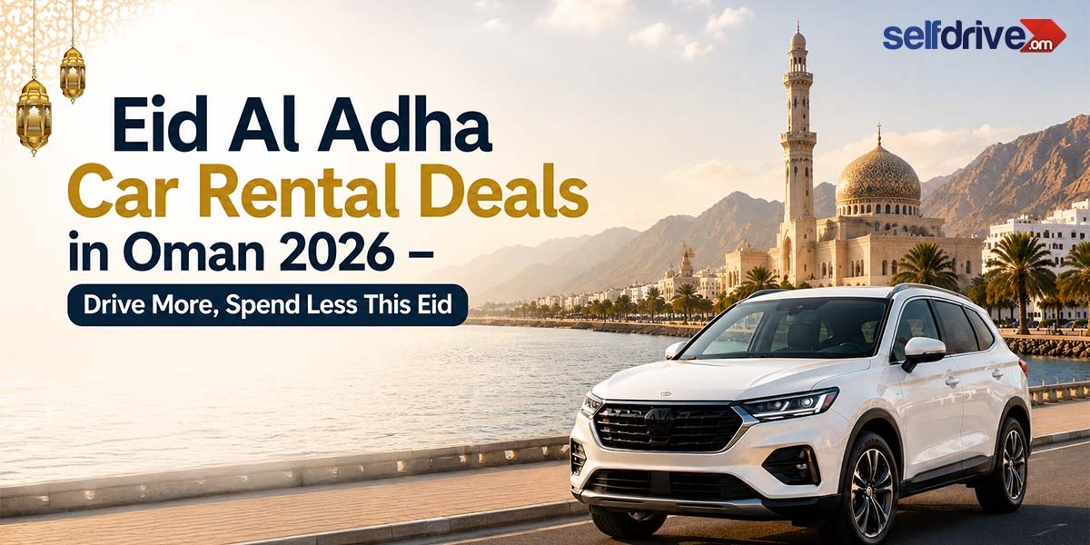White SUV parked by a scenic waterfront road with a mosque and mountains in the background. Text advertises Eid Al Adha car rental deals in Oman for 2026.